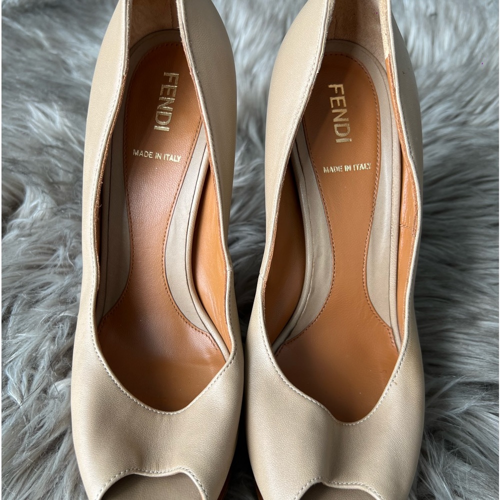 100% authentic Fendi Beige Leather Peep Toe Platform Pumps .
